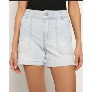 Democracy Womens Size 14 AbSolution High Rise Shorts Blue Stripe Frayed Hem